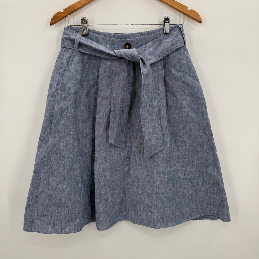Boden Blue‎ 100% Linen Skirt Belted Pockets US 4 UK 8